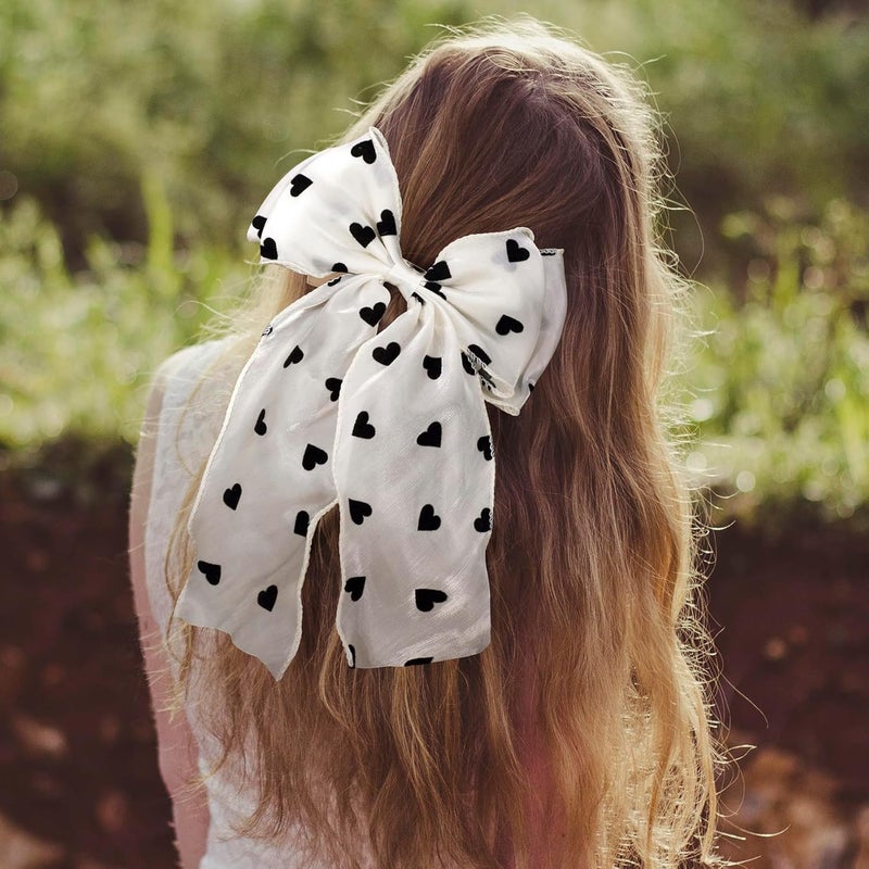 STSTR 2Pcs Large Hair Bow Clips, Silk Yarn Ribbon Bow Hair Barrette for Women, Elegant Long Tail Bowknot French Hair Accessories for Wedding, Parties, Festivals (White Bow Black Heart) - Image 5